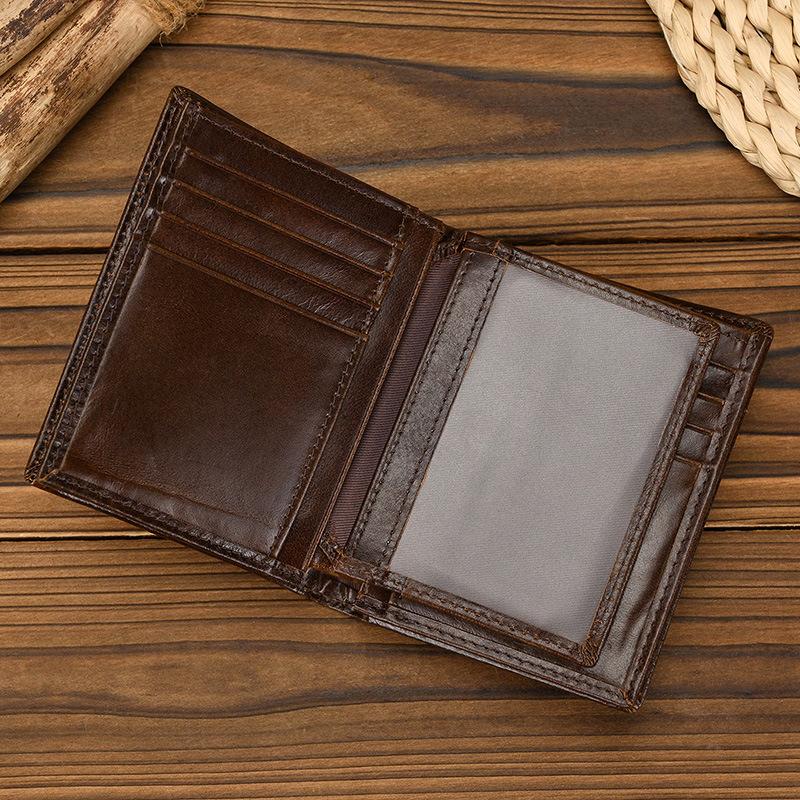 Cartera corta plegable de cuero genuino RFID, para hombres y mujeres, Anti-robo con cepillo, Cartera de cuero de vaca de primera capa, Cartera plegable de cuero aceitoso con múltiples tarjetas.