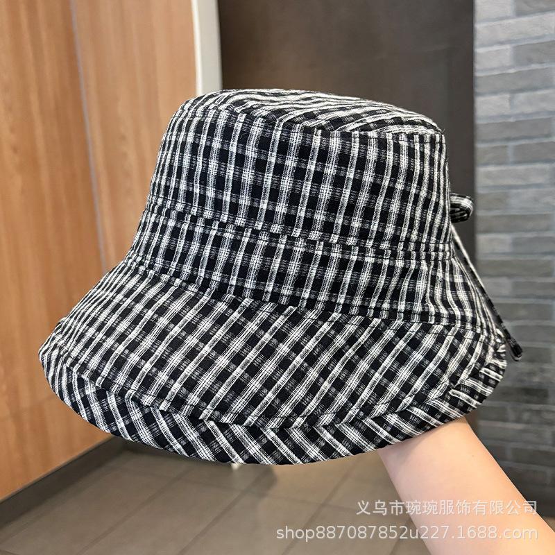 Spring and summer new plaid bow sunshade fisherman's hat children's outdoor face covering, small face versatile sunscreen basin hat