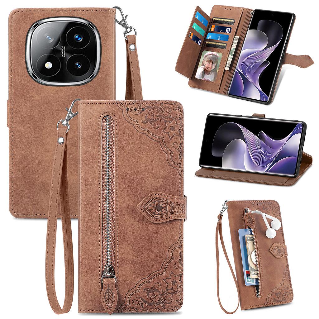 For Xiaomi Redmi Note 14 Pro+ 5G Zipper Wallet Case with Strap Flower Imprint PU Leather Phone Cover