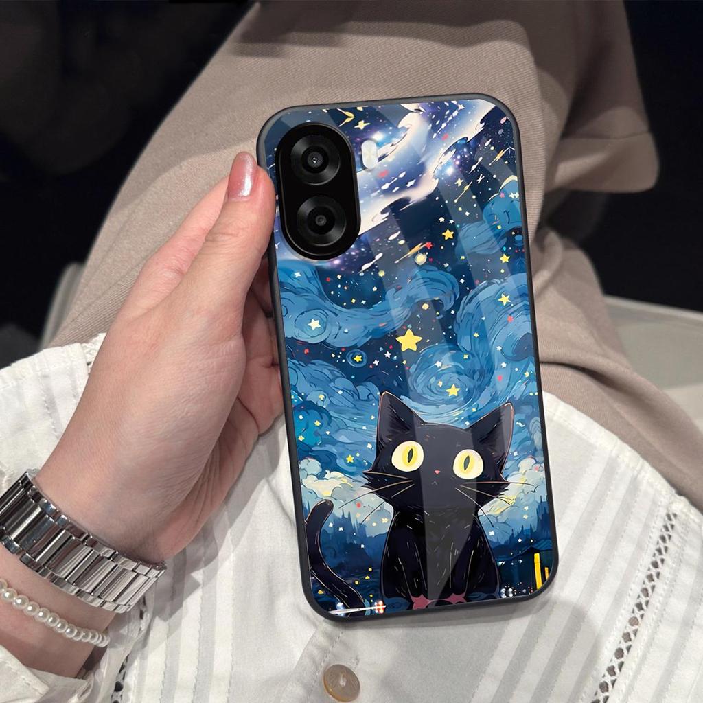 Case for OPPO A6x 4G/5G A6t Pro A6 A6s 5G A6k Anime Black Cat Starry Cloud Print Phone Cover Acrylic Hard Back Shell With Flexible TPU Edge
