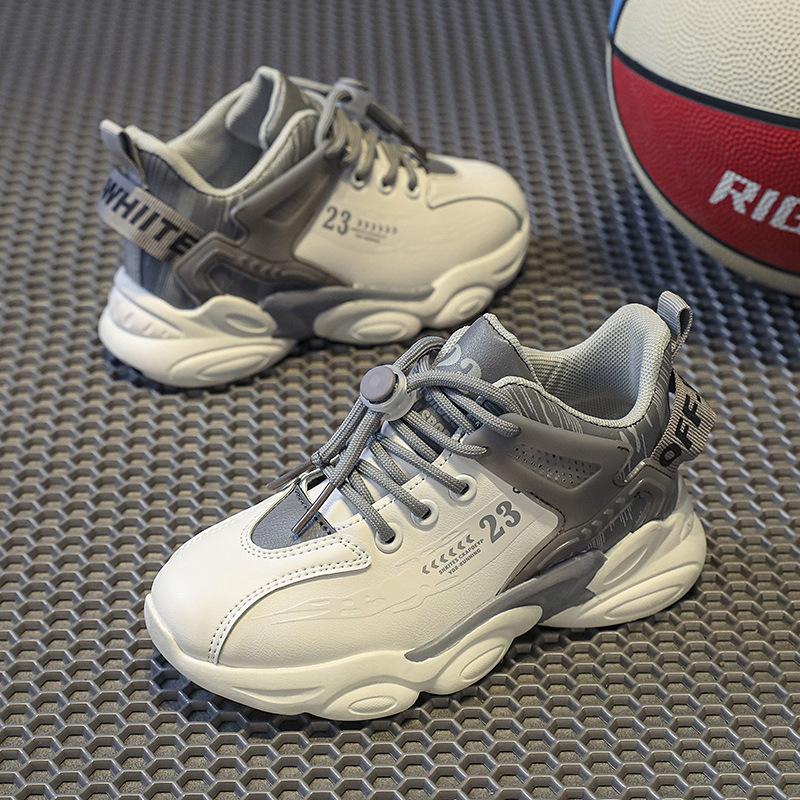 Children's sports shoes 2025 autumn popular boys and girls outdoor basketball shoes leather surface waterproof breathable non-slip running shoes