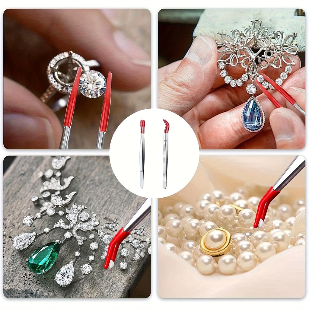 Tweezers of Different Sizes, Stamp Tweezers, Metal Sticker Tweezers with Soft PVC Coating, Flat Head, Elbow, Non-slip Angle Tweezers