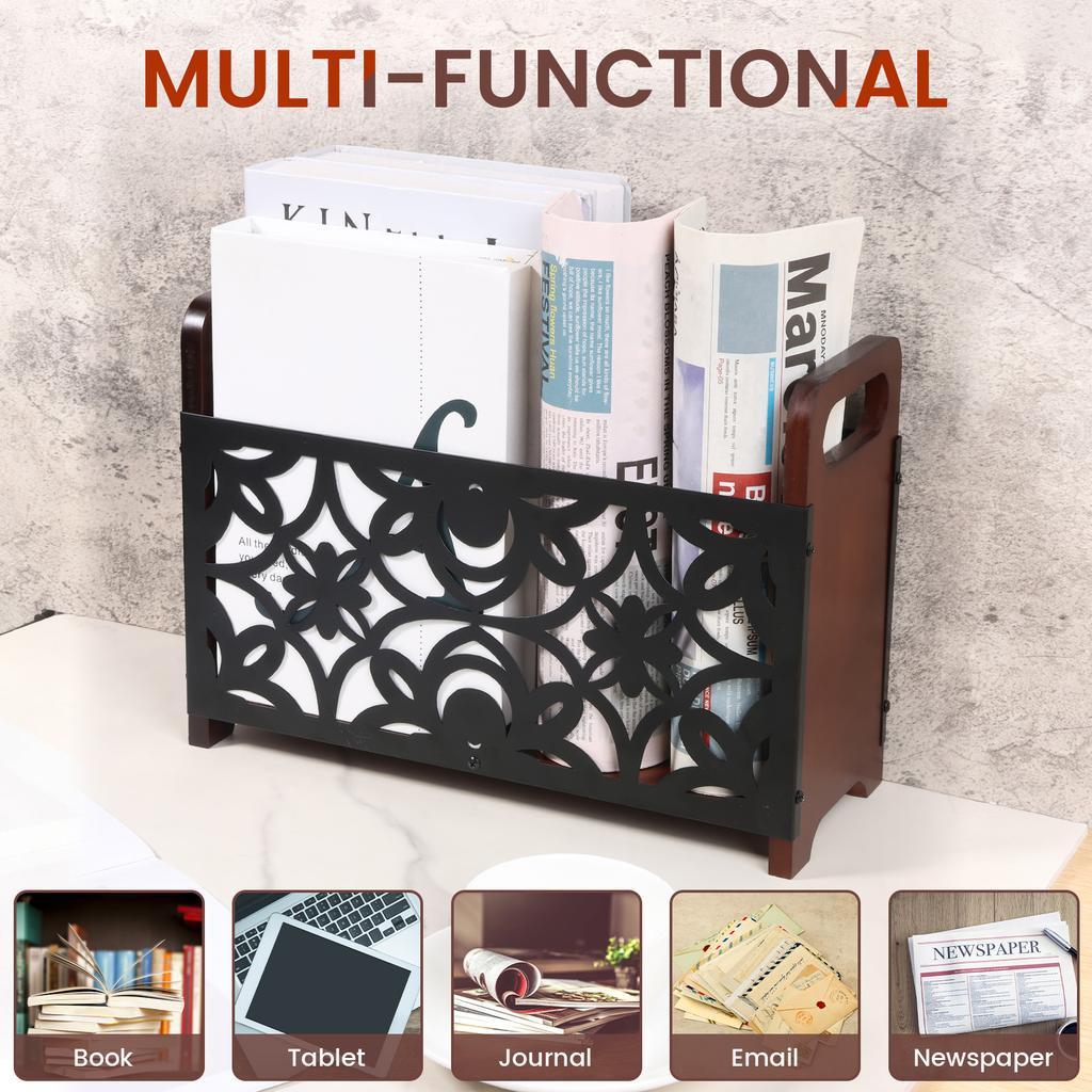 Zeitschriftenständer Holz Metall Schreibtisch Ordner Organizer mit Griff Zeitungsaufbewahrungskorb für Couchtisch Schreibtisch Dekoration