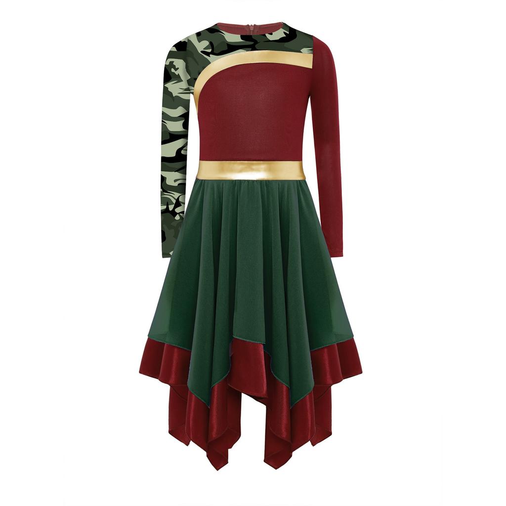 Girls Worship Dance Dress Long Sleeve Color Block Patchwork Irregular Hem Elegant Stage Performance Gown