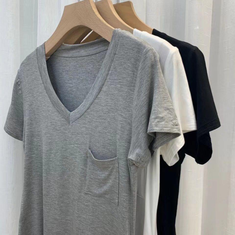 Summer Modal Cotton Draped Collarbone T-shirt Women Loose Korean-style Mid-Length Base Shirt Short Sleeve Casual V-neck Top