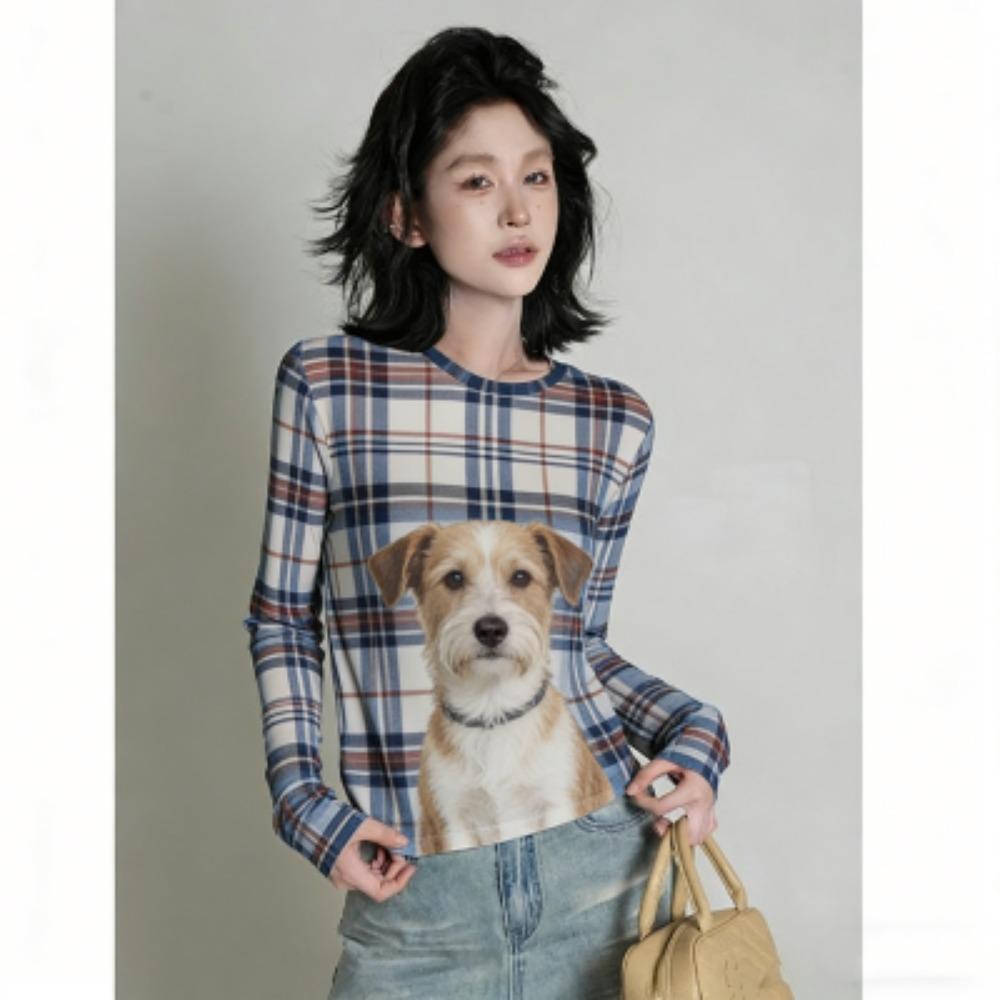 Europe America Fashion Fun Dog Print Women's T-shirt Casual Pullover Women Long Sleeve Clothing Outdoor Street Tees Top
