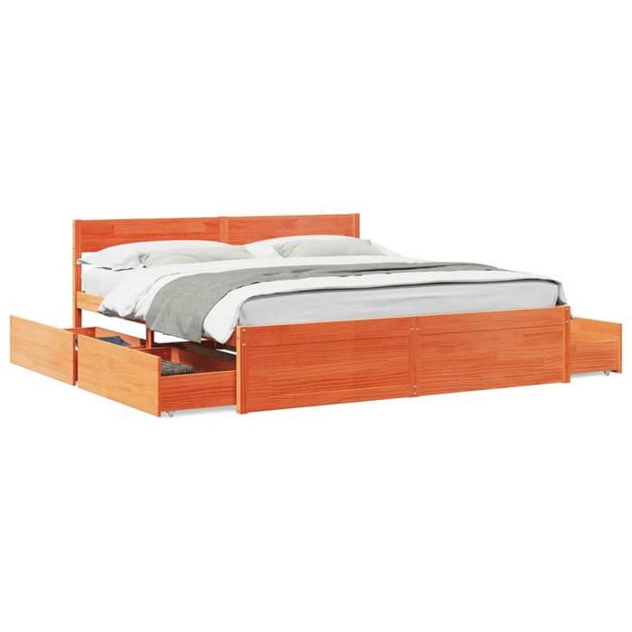 VidaXL Bed Frame with Drawers Wax Brown 180x200cm Solid Pine Wood, Bedroom Furniture, Slatted Base, Wooden Bed, 3282341