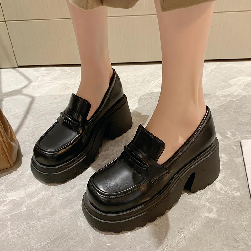 Gothic Chunky High Heels Pumps for Women 2025 Spring Patent Leather Platform Loafers Woman Black Thick Heeled Jk Lolita Shoes