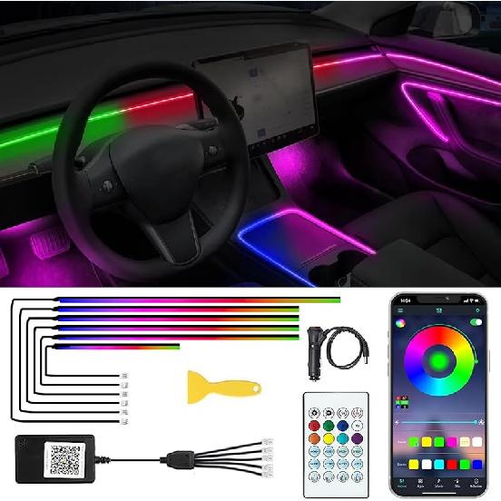 Acrylic Interior Car LED Lights With Remote And Wireless APP 6 In 1,Ambient Lighting Kits Fiber Optic Strip LEDs,16 Million Colors Music&DIY Function