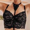 Floral Lace Garter Lingerie Set Deep V Neck 3 Piece Bra and Panty Garter Set for Women Female Black S
