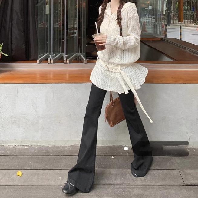 Koreanischer Stil Hohlspitzen-Rüschen-Langarmkleid für Damen, neues Frühjahrs- und Herbst-Nischen-Halbdurchsichtiges Design Kapuzenpullover-Kleid
