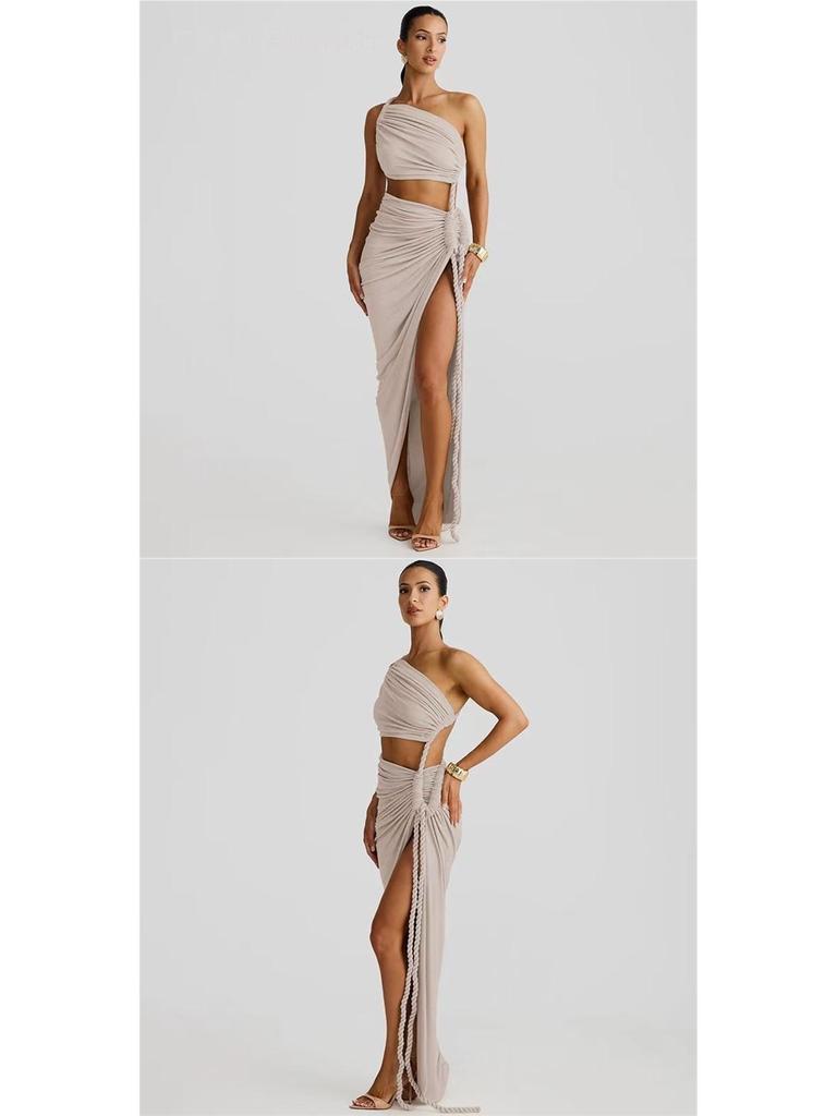 Women's One-Shoulder Ruffled Bandeau Dress: Sexy Summer Backless Split Long Dress