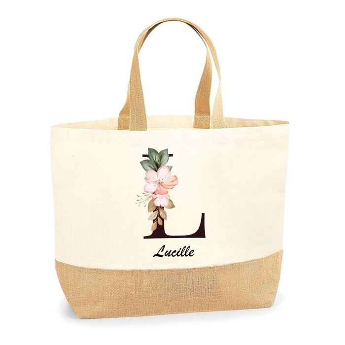 Cabas de plage - PLANETEE - Lucille Lettre Fleur - Jute naturel - Motif Lettre Fleur - Fabriqué en France