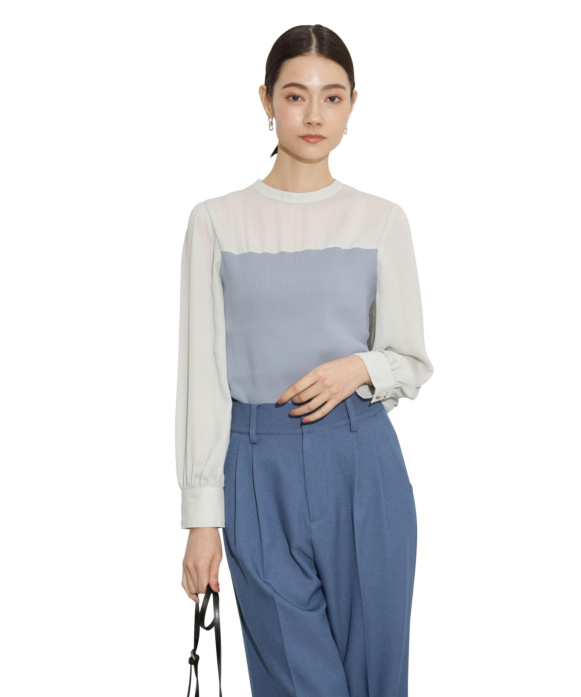 

Nano Universe Sheer Combination Rib Knit Size Blue Gray Top, F,