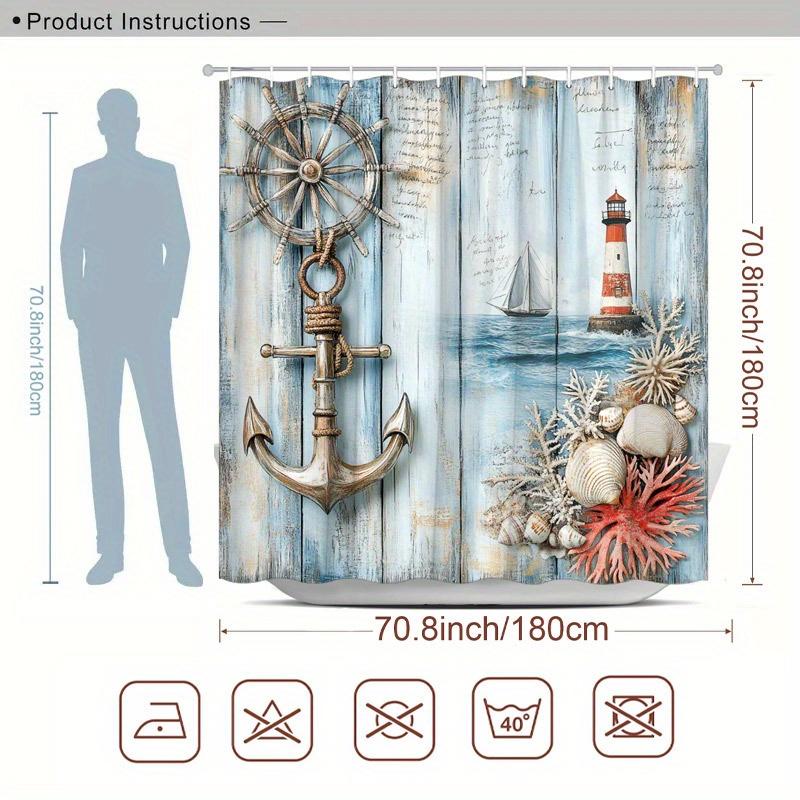 1pc Coastal Nautical Shower Curtain - Weathered Anchor, Ship’s Wheel & Lighthouse, Distressed Blue Wood, 70.8x70.8", Polyester