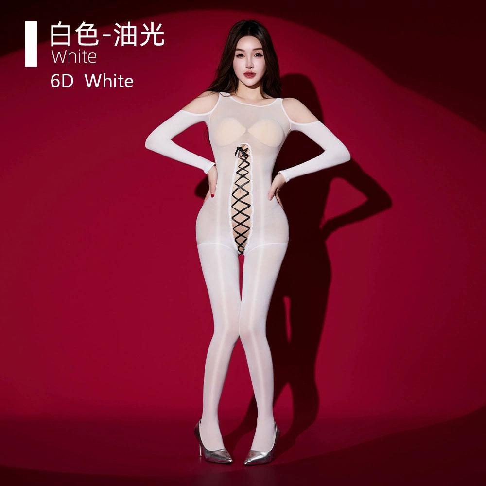 Fashion Sexy Women'S Jumpsuit Front Breast Bandage To Crotch Open Oil Shiny Smooth Tights Hollow Out Woman Shaping Leotard