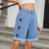 Summer Women Denim Shorts Mid Waisted Knee Length Stretchy Casual Wide Straight Leg Distressed Cuffed Jeans Short Pants with Pockets