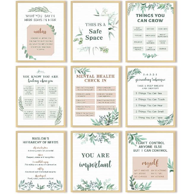 Outus 9 шт. Плакаты по психическому здоровью Терапия тревожности Мотивационный плакат Психолог Консультант Вдохновляющие плакаты Позитивные цитаты Настенный декор