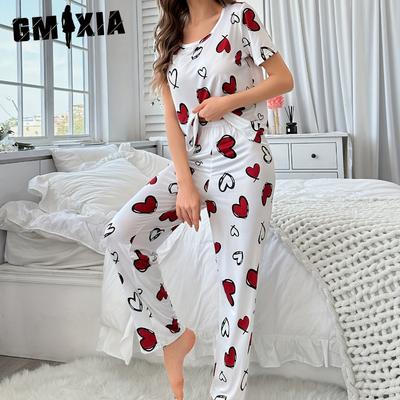 Summer Women's Short Sleeve Long Pants Comfortable Love Printed Casual Homewear Suit Pajamas