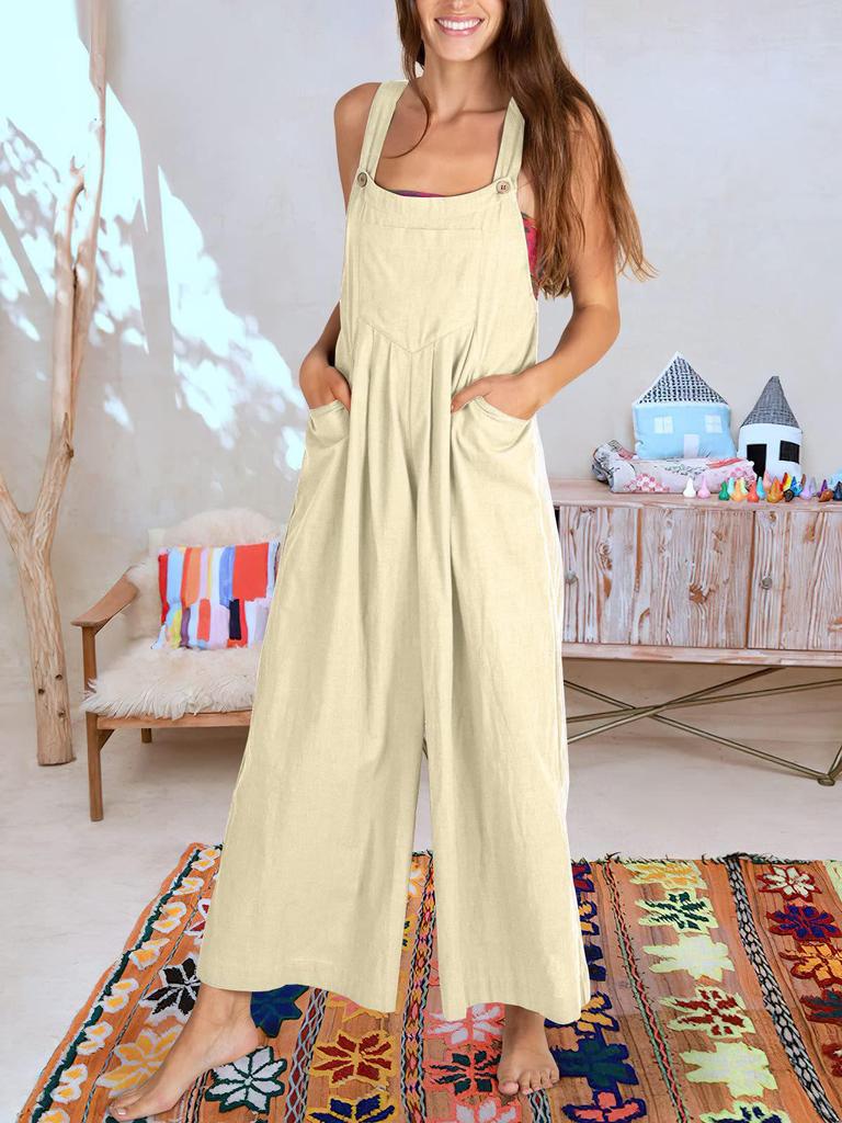2023 European & American Women's Solid Color Casual Cotton Linen Strappy Jumpsuit