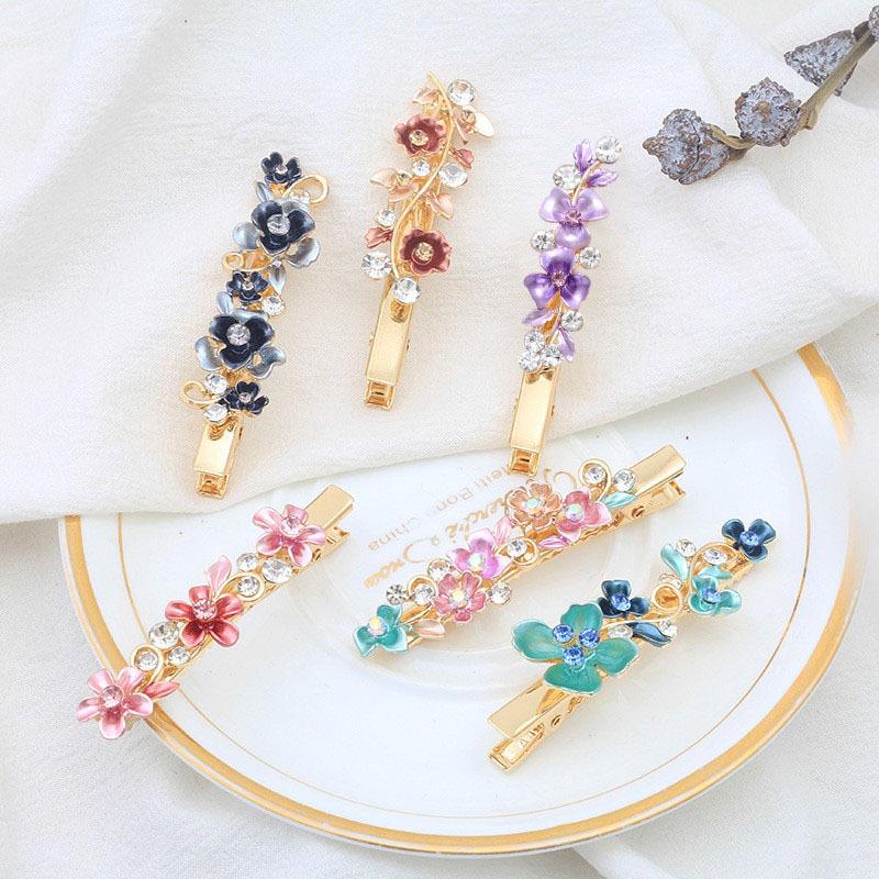 Alloy Hairpin Female Side Painted Paint Edge Clip Female Retro Style Flower Bangs Clip Rhinestone Duck Bill Clip
