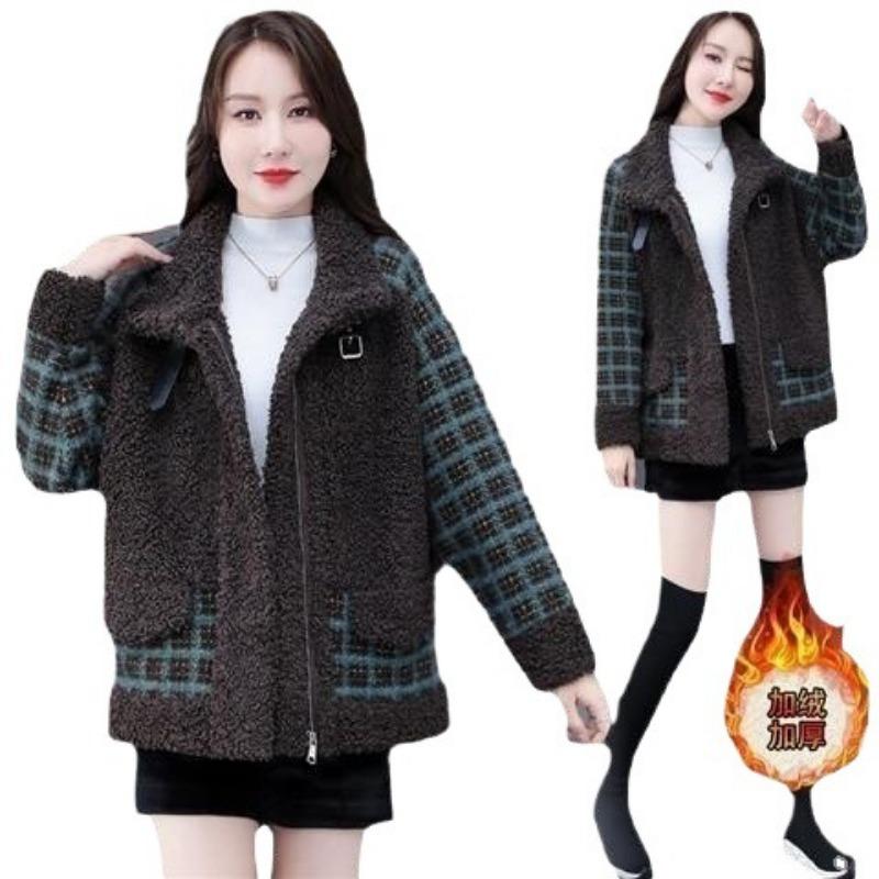 Lamb wool women's short coat autumn and winter short thickened autumn clothes new early autumn top green