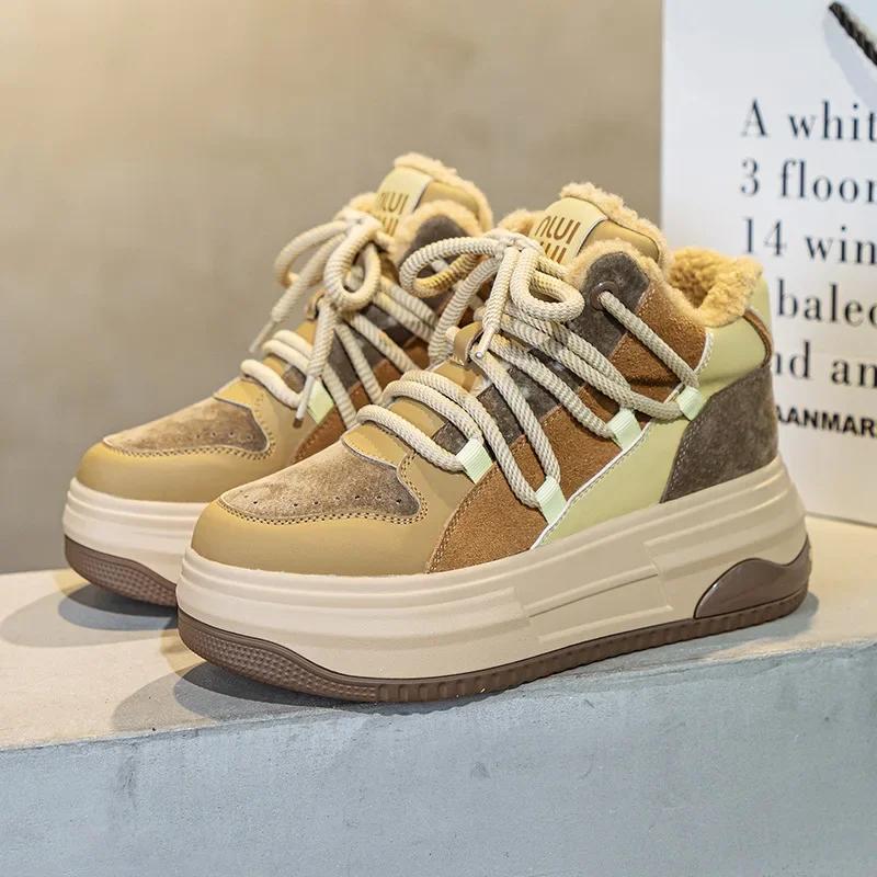 

7CM Cloth Synthetic Suede Genuine Leather Platform Wedge Ladies Chunky Sneakers High Brand Autumn Fashion Women Vulcanize Shoes 39