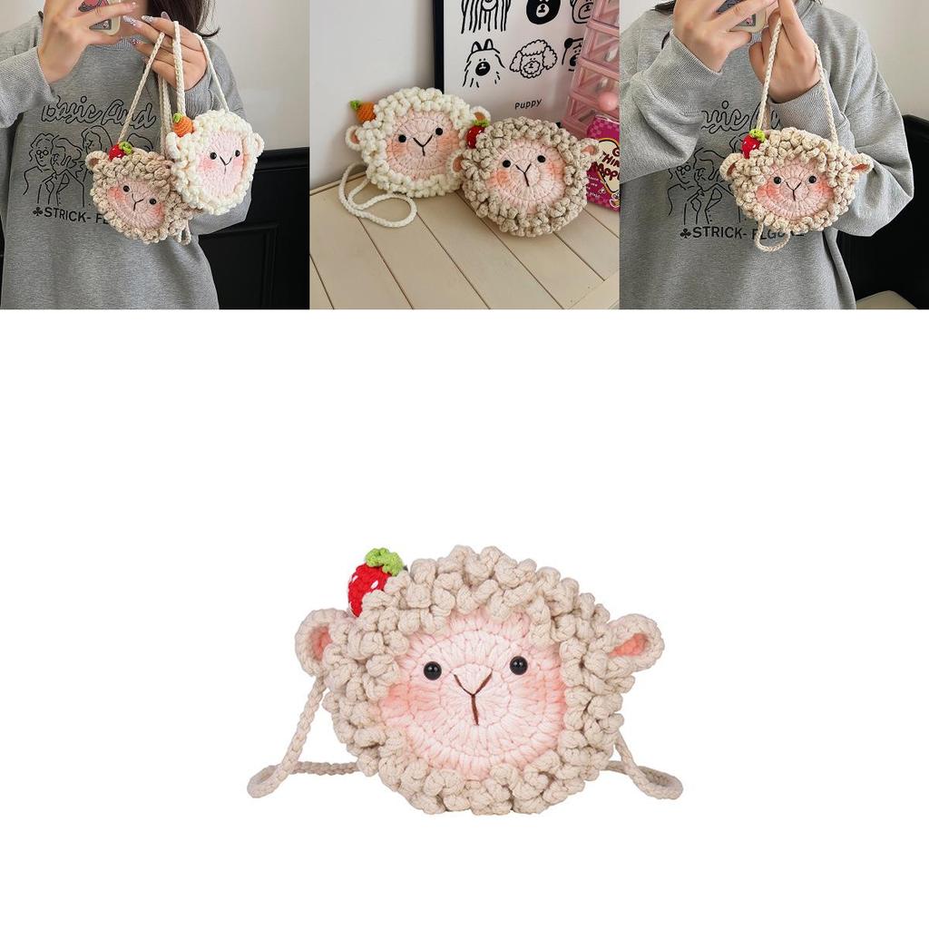 Adorable Cartoon Sheep Mini Woven Shoulder Bag With Inner Pouch For Kids