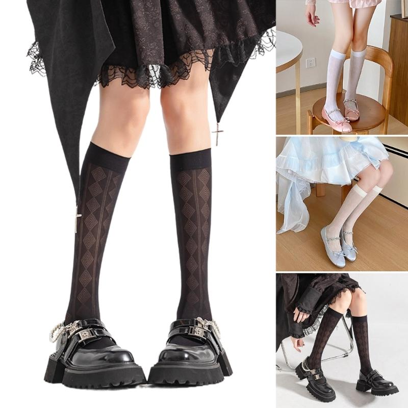 Summer Thin Silk Solid Over the Calf Socks for Womens Japanese Style JK Diamond Striped Pattern Student Long Stockings