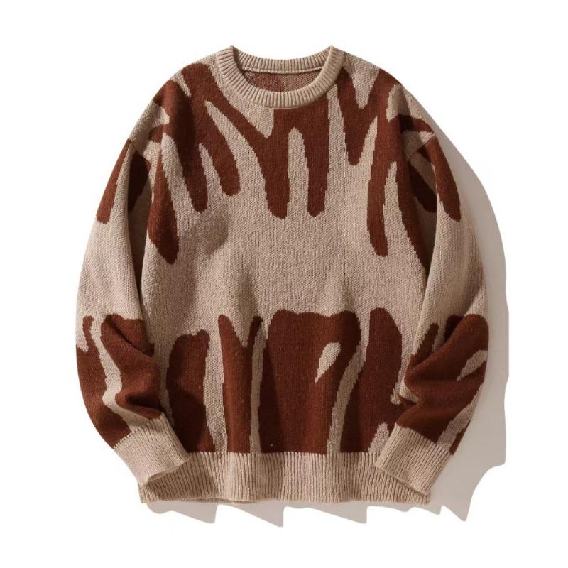 Men's Autumn Winter Irregular Jacquard Pattern Pullover Sweater Casual Round Neck Contrast Color Knitted Men's Pullover