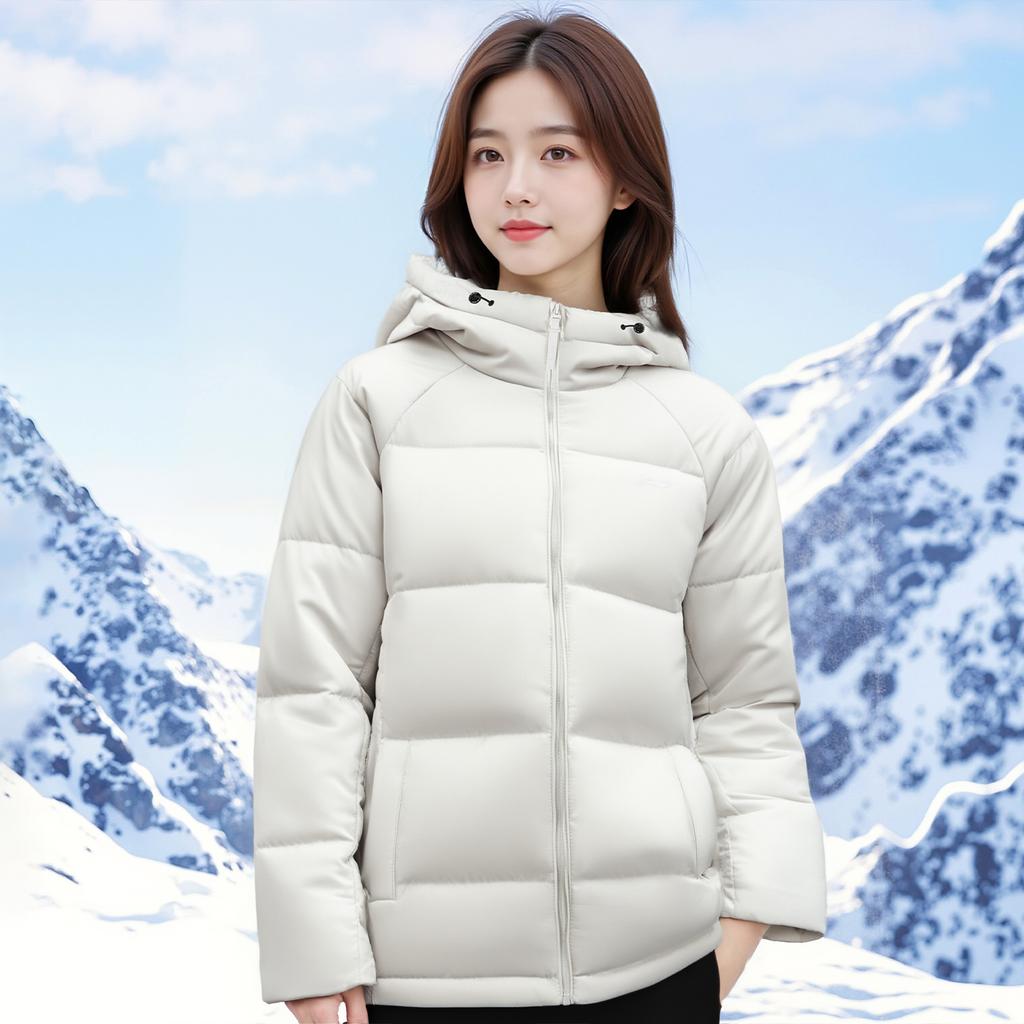 Li Ning Down Jackets Women's Champagne White Hooded Moderate AYMV798-1