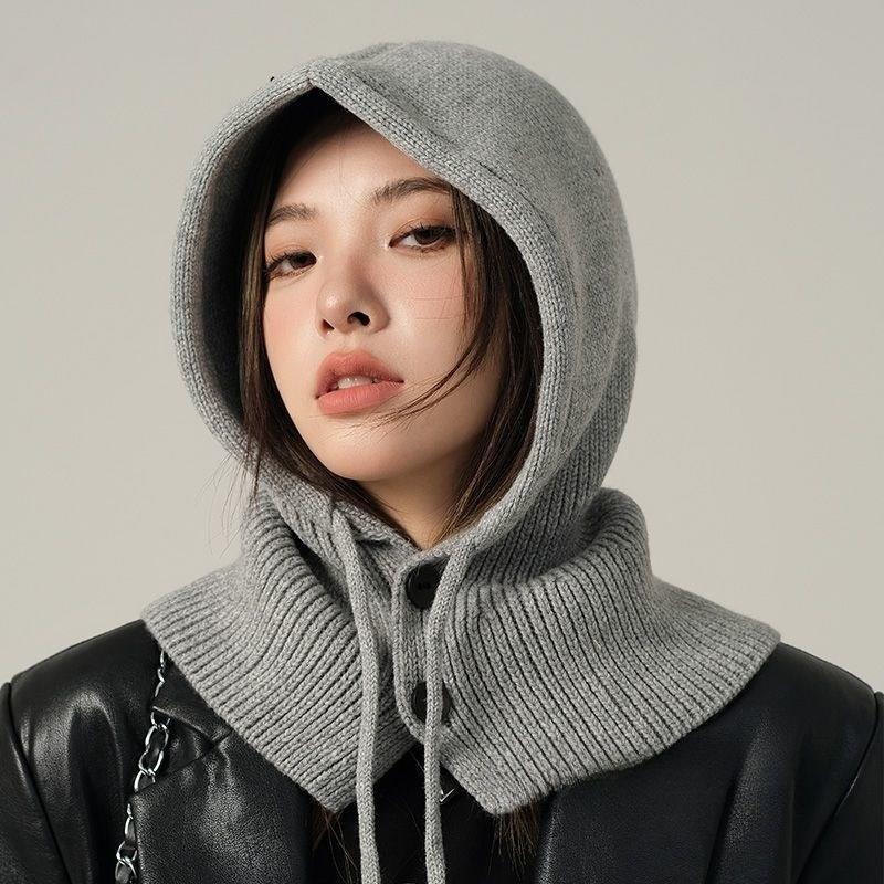 Schlichter Schal im koreanischen Stil mit integriertem Nackenschutz, warm, gestrickt, Wolle, Ohrenschutz, Schal, Mütze