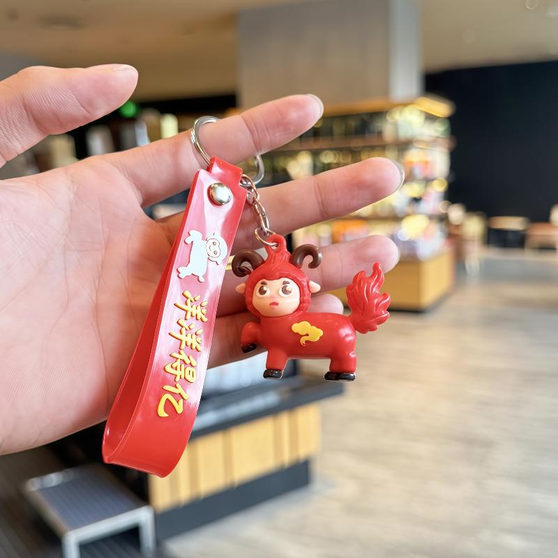 1Pcs Cute Red Cartoon Sheep Keychains With Soft Pvc Pendant Durable Wrist Strap For  Year Gifts And Bag Decorations