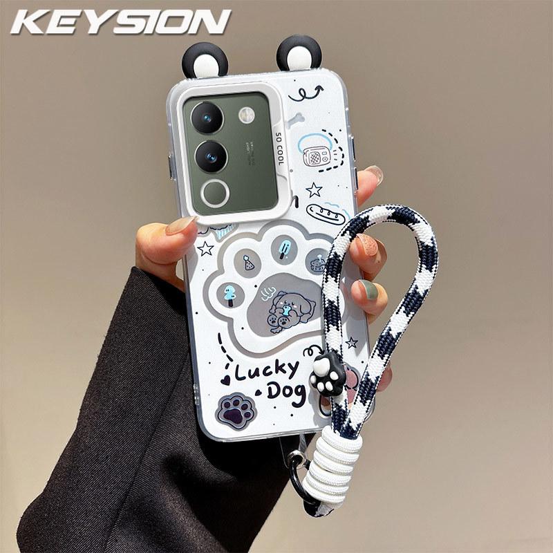 KEYSION Cute Ear Cartoon Case for VIVO V29e 5G with Lanyard Soft Silicone+PC Shockproof Phone Back Cover for VIVO V29e