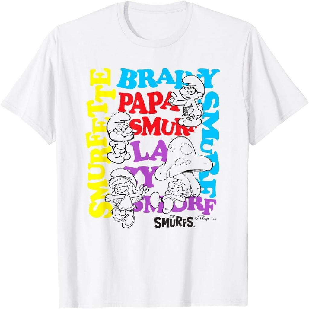 The Smurfs Character Outlines and Groovy Text Cartoon T-Shirt