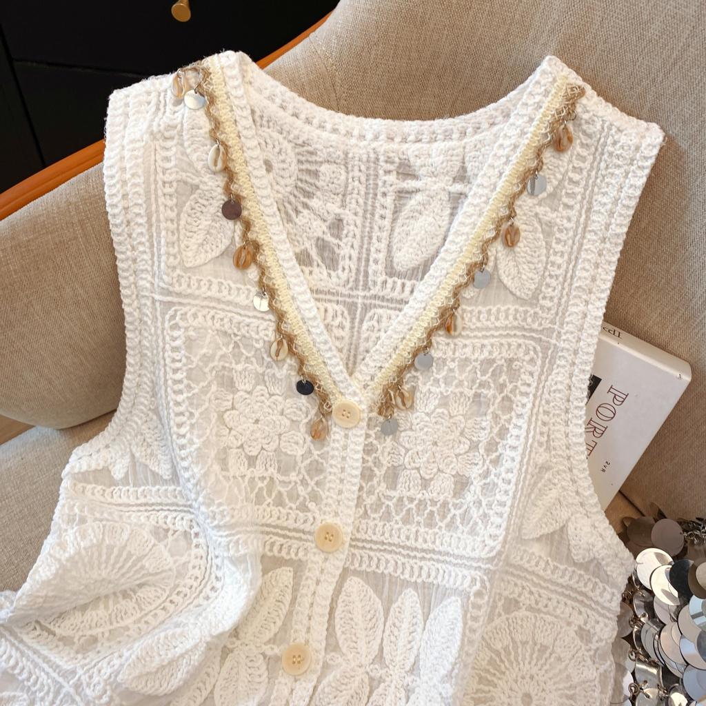 DIMANAF 2025 New Short Vest T-Shirt Women Sleeveless Round Buttons Knitting Lace Vest O-Neck Summer Style Basic Tops Tees Loose Clothing