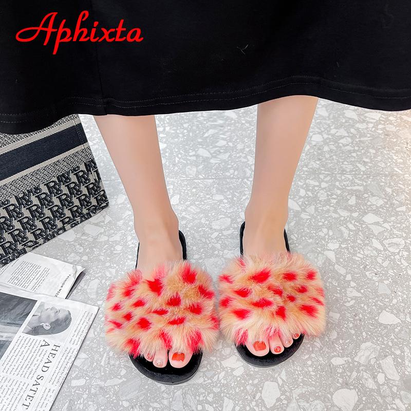 Aphixta 2025 Winter Home Cotton Shoes Women Faux Fur Soft Warm Indoor Colorful Slipper Flip Flops Mules Female Big Size 42 43