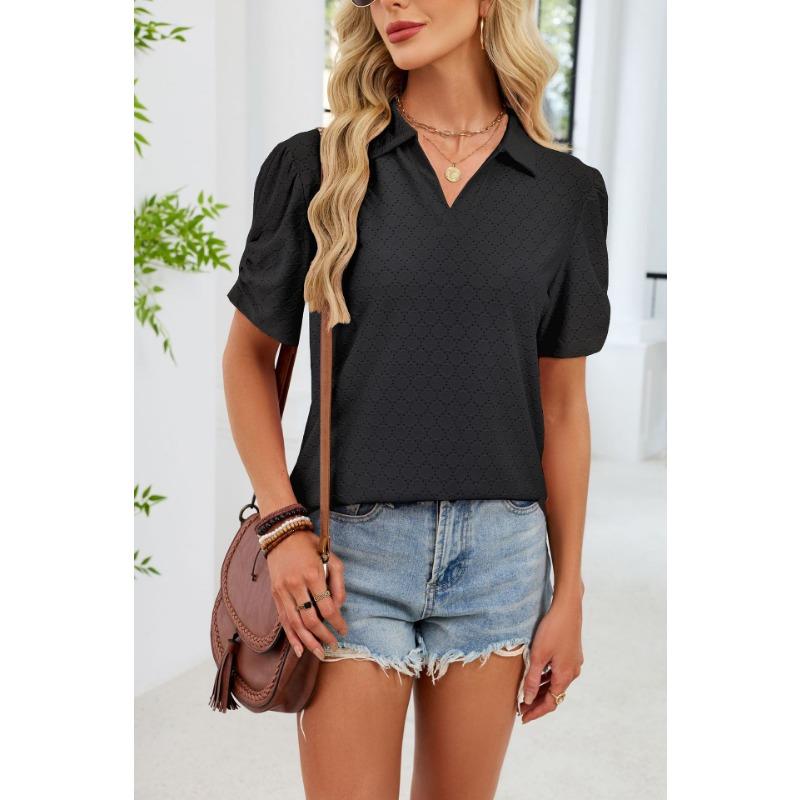 European and American cross-border foreign trade women's summer new V-neck T-shirt puff sleeve loose POLO shirt top