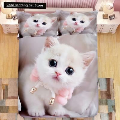 Juego de cama infantil con diseño de gatitos súper lindos, edredón Kawaii para niña, tamaño king y queen, funda nórdica de poliéster de 2 o 3 piezas. (Sin hoja)