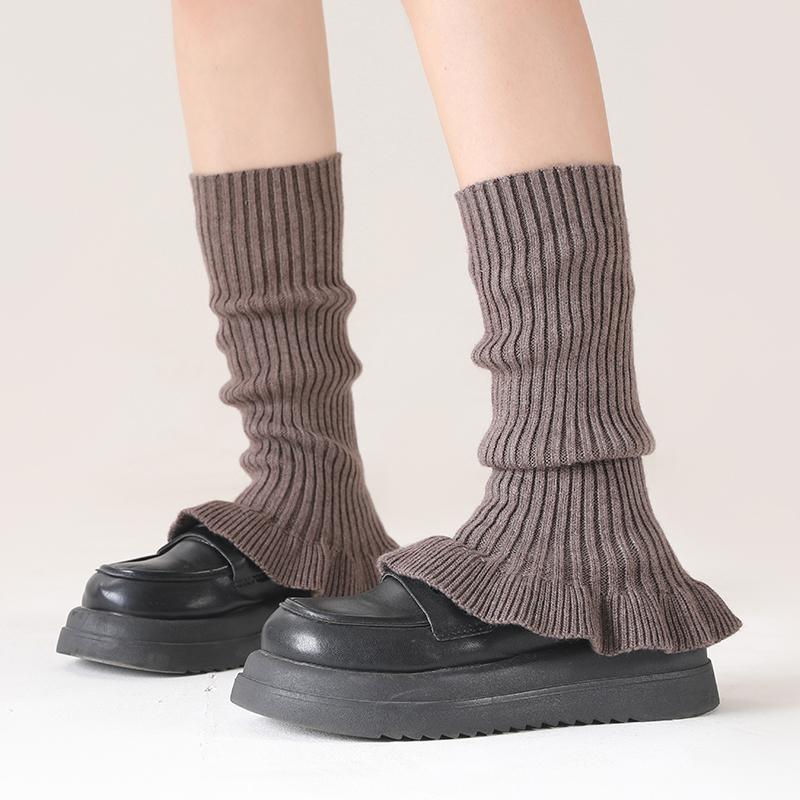 Autumn&Winter Solid Color Horn Knitted Stacked Stocking Women's Vertical Strip Warm Woolen Socks Cover Mushroom Lace Leg Cover