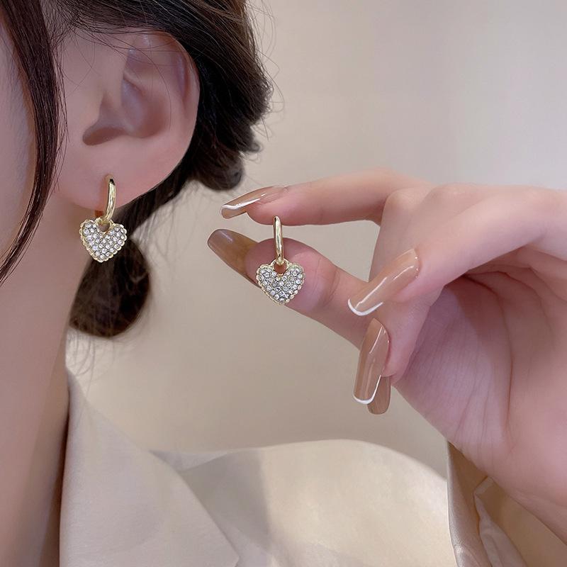 925 Silver Diamond Heart Earrings - Women's Luxury Trendy Peach Studs