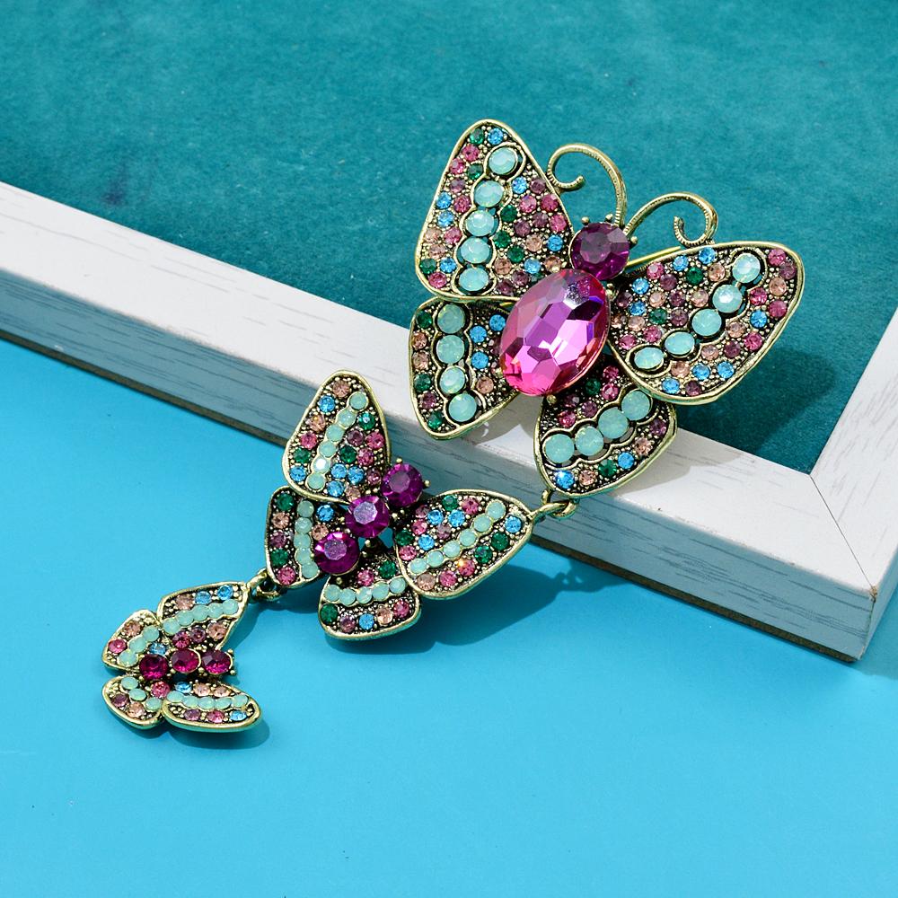 Large Crystal And Rhinestone Butterfly Brooches For Women Vintage Insects Pendant Tassel Pins