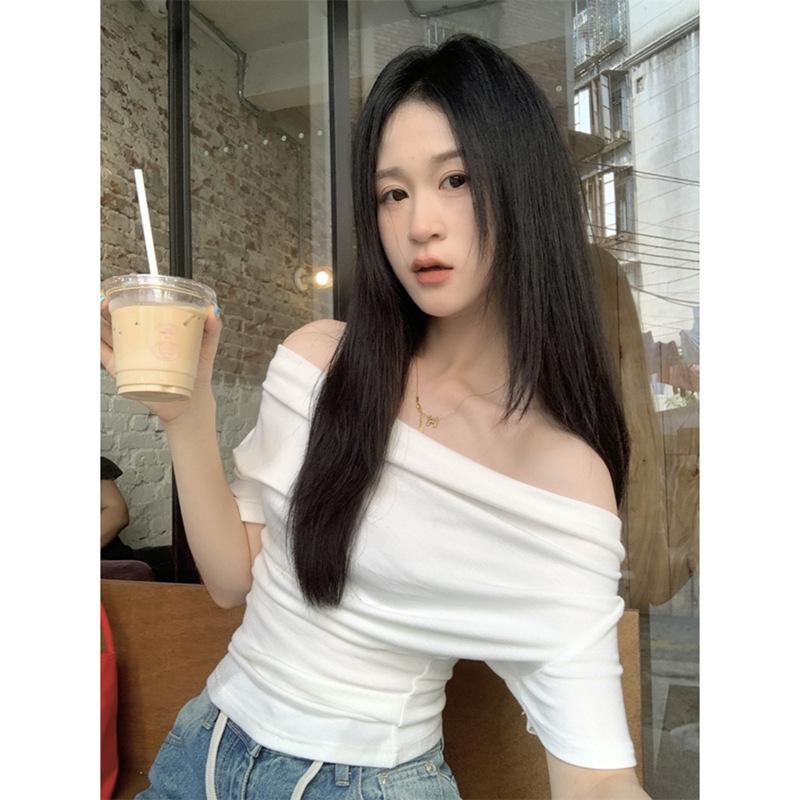 Spice Girl Solid Color Shoulder Slim and Thin T-shirt Summer Versatile Fashion Chic Pure Desire Style Sexy Niche Top