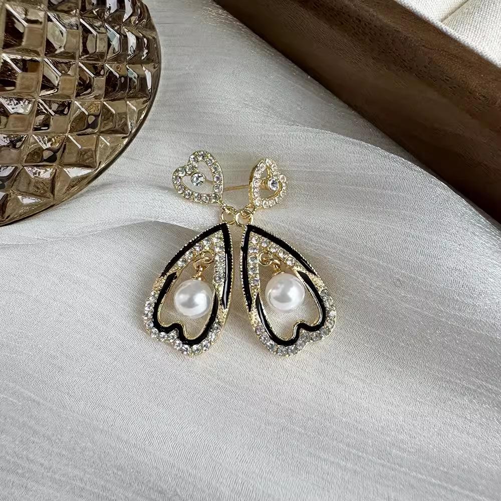 Schwarze Rand Diamant-Set Liebe Ohrringe Temperament Mode Perle Stud Ohrringe Hohe Sinn Vielseitig Ohrringe Für Freundinnen Und Freundinnen