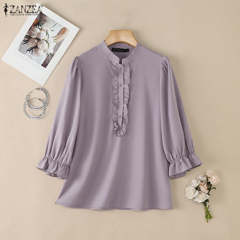 ZANZEA Women Casual Stand Collar Solid Color Loose 3/4 Sleeve Blouse