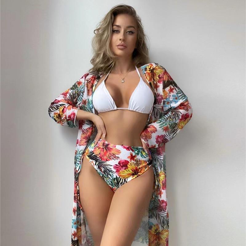 New swimsuit bikini long-sleeved blouse sexy tight-fitting printed split bikini three-piece set