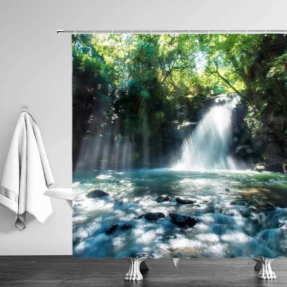 Naturlandschaft Duschvorhänge Ozean Delfin Palme Wald Wasserfall Szenerie Bauernhof Pferd Stoff Badezimmer Dekorationsset Mit Haken