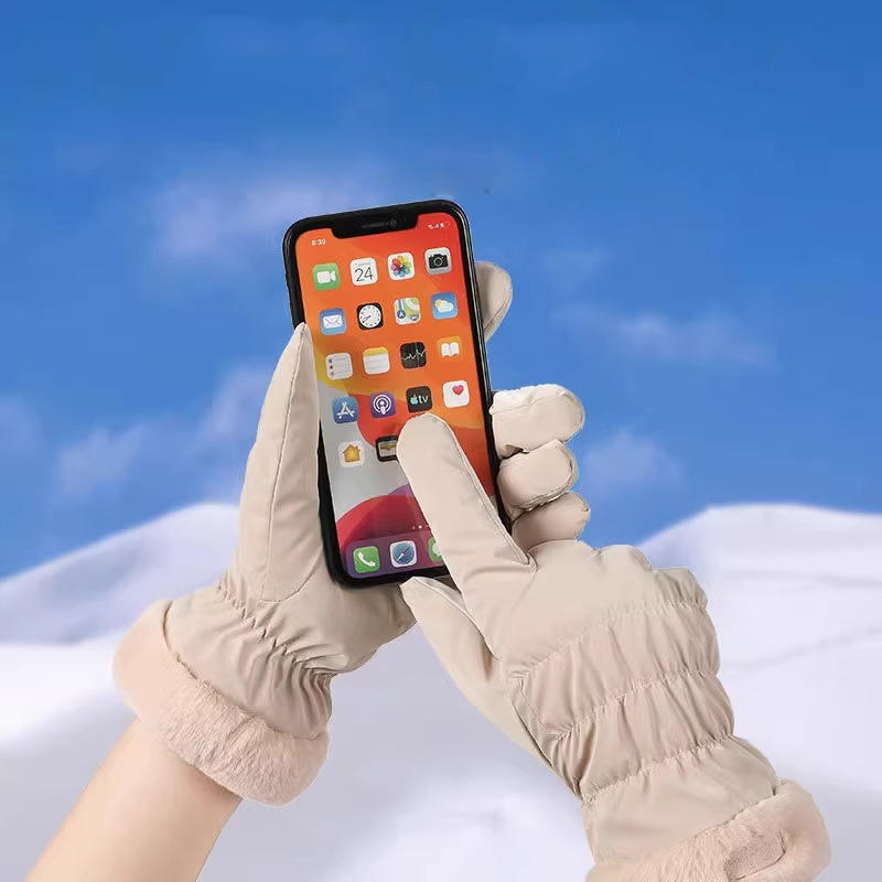 Ski Gloves Women Winter Fleece Thickened Warm Plush Cotton Waterproof Touch-Screen Gloves For Outdoor Riding Mountaineering