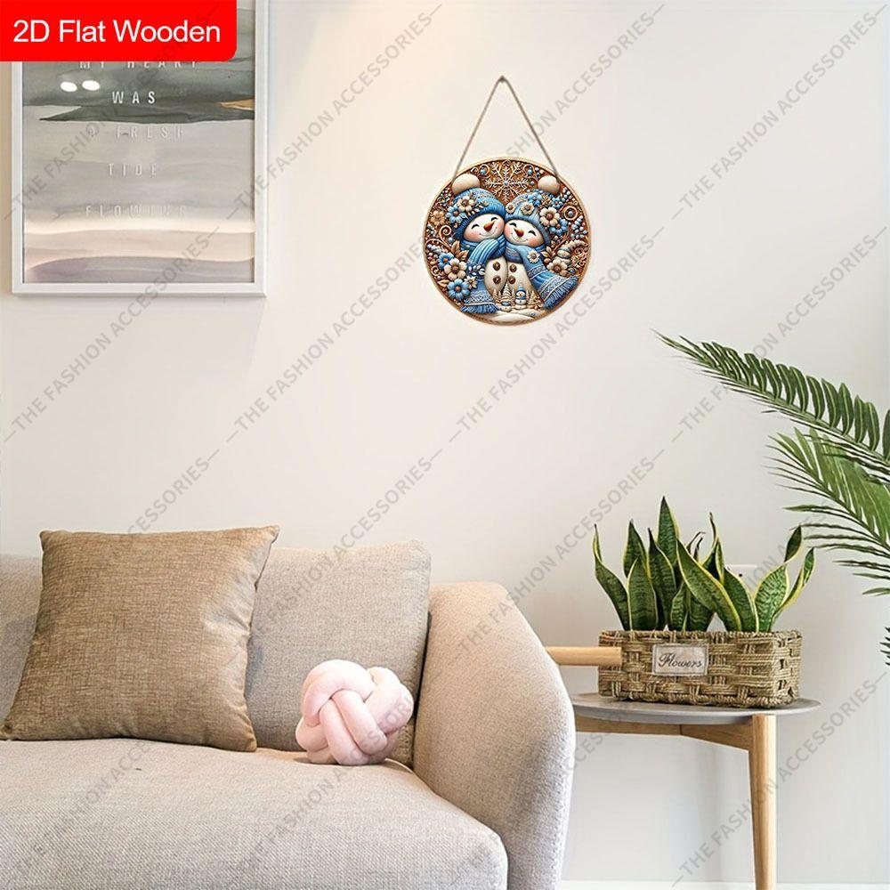 Cute Couple Snowman Round Wooden Hanging Sign, 2D Flat Printed Christmas Wall Door Ornament, Xmas Winter Home Decor Gift