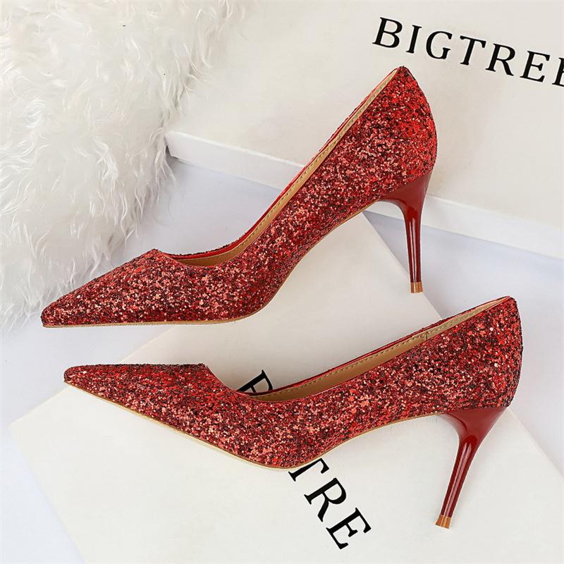  Women Fashion Pointed Toe Thin High Heels Sequins Glitter Luxury Designer Pumps Wedding Bridal Gold Valentine  Shoes